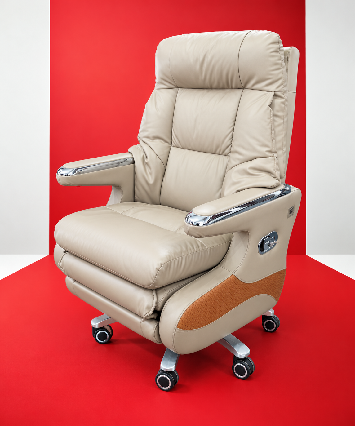 Beige Leather Recliner in Red Studio