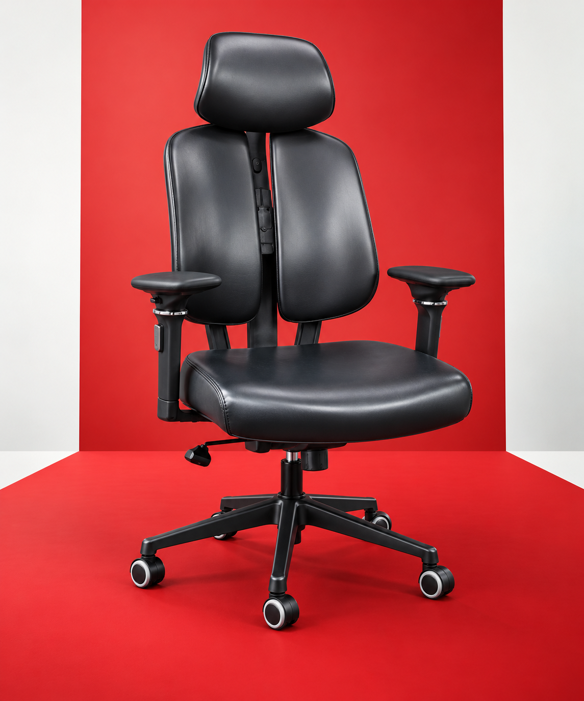 Ergonomic Black Chair on Red Stage