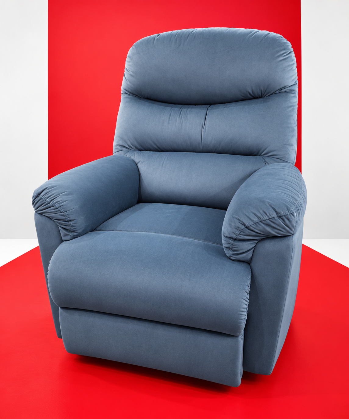Steel-Blue Recliner on Red Studio Backdrop