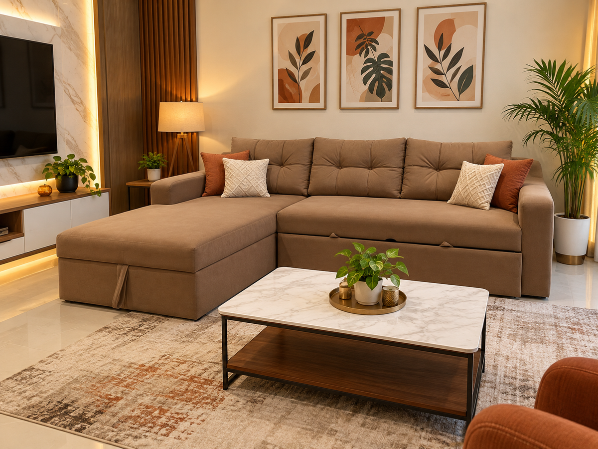 Warm Modern Living Room with Brown Sectional