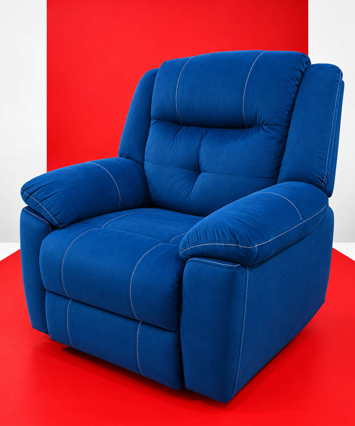 Blue Quilted Recliner on Red Stage