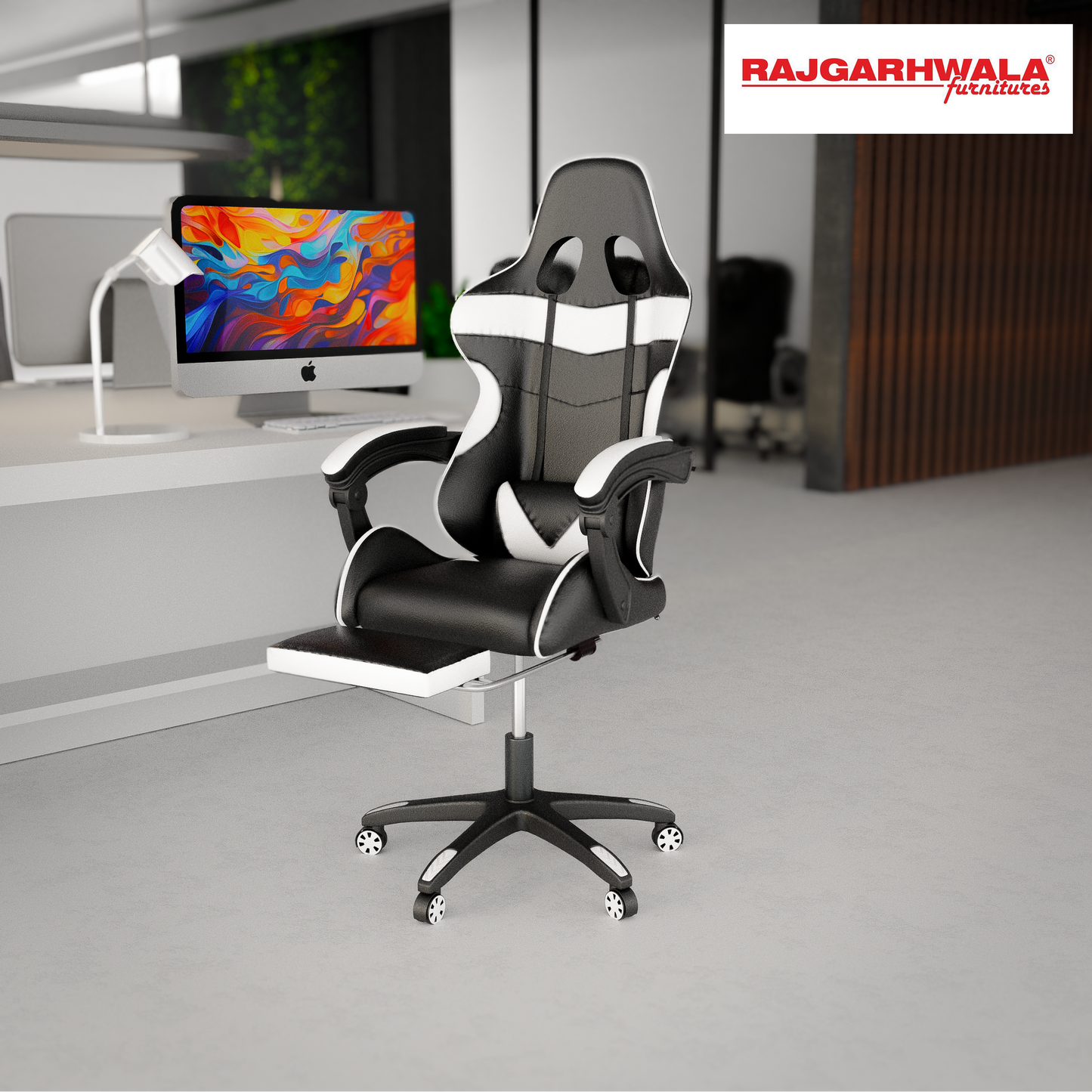 Rajgarhwala Gaming Chair Office Chair Computer Chair High Back PU Leather Desk Chair Ergonomic Adjustable Reclining Swivel Game Chair with Footrest Lumbar Support Headrest Armrest (White)