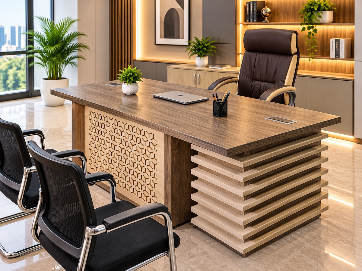 Modern Executive Office with Layered Wood Desk
