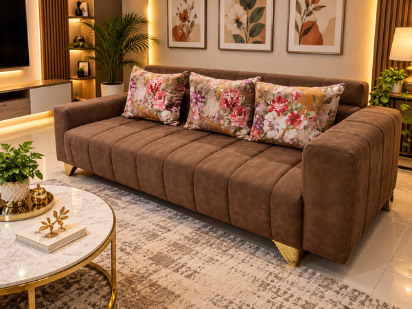 Warm Modern Living Room with Brown Sofa